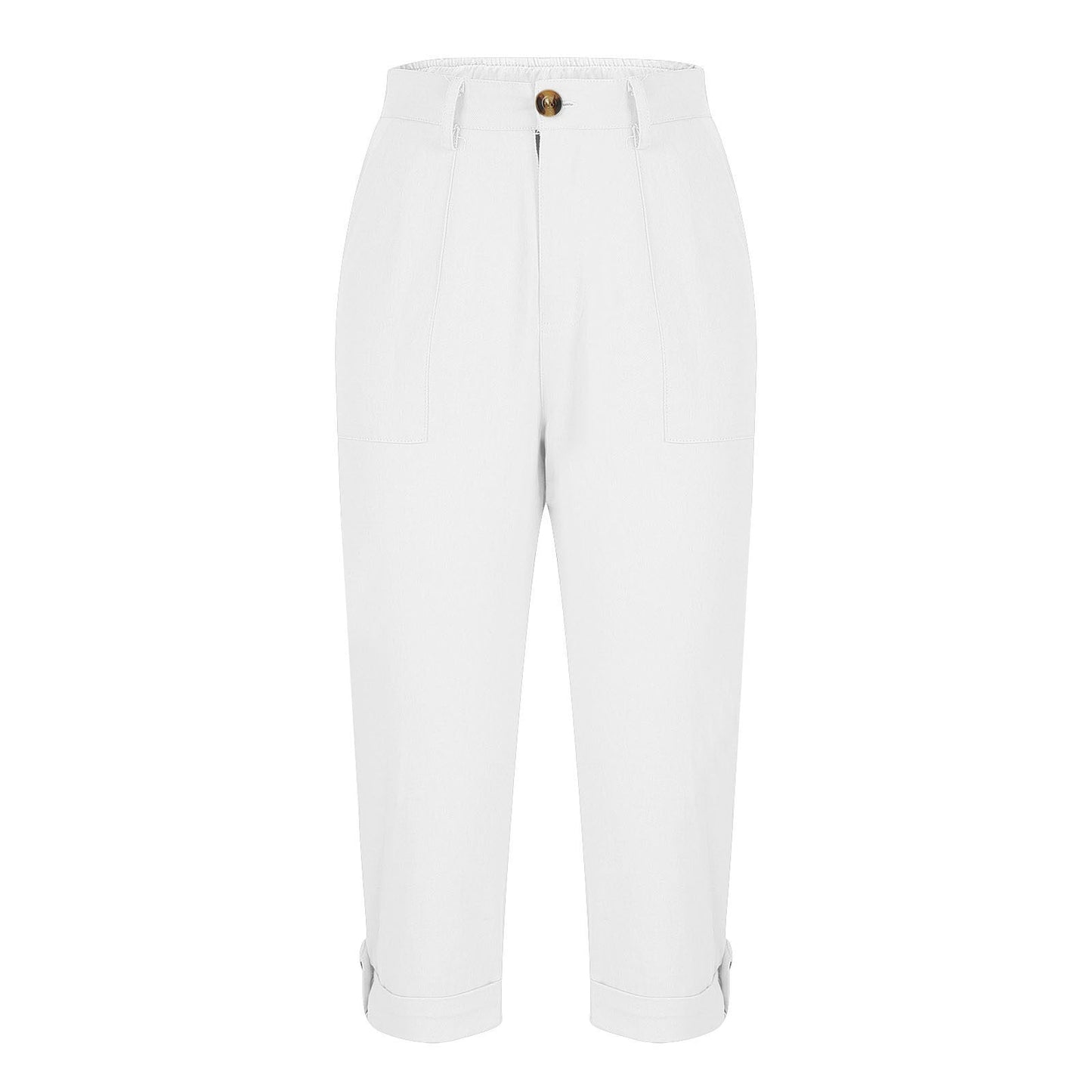Womens Solid-color Buttoned Roll-up Capri Pants