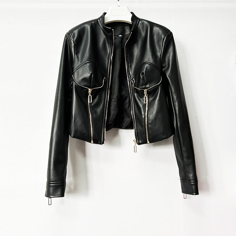Heavy-duty PU Leather Moto-style Cropped Jacket With A Stand Collar And Zip Front