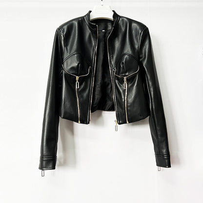 Heavy-duty PU Leather Moto-style Cropped Jacket With A Stand Collar And Zip Front