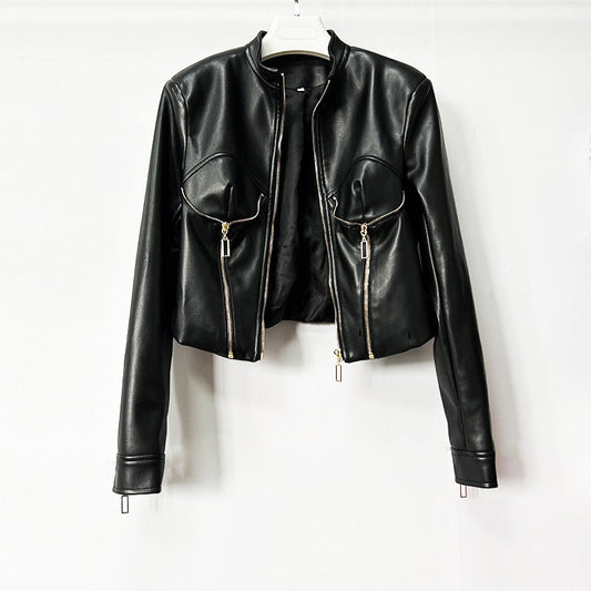 Heavy-duty PU Leather Moto-style Cropped Jacket With A Stand Collar And Zip Front