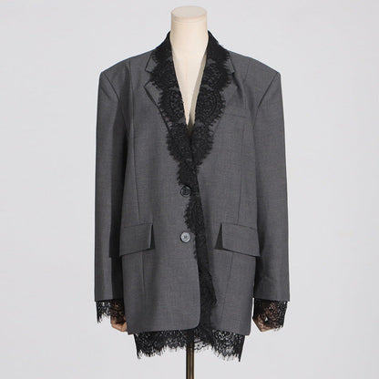 Lace-Panel Design Statement Long-Sleeve Structured Blazer For Women