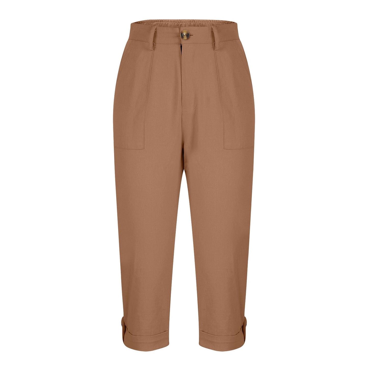 Womens Solid-color Buttoned Roll-up Capri Pants