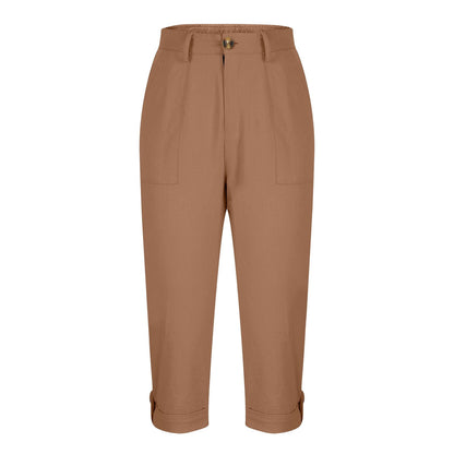 Womens Solid-color Buttoned Roll-up Capri Pants