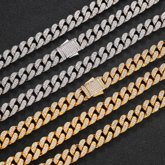 European Hip Hop Ornament 12mm Spring Fastener Double Row Zircon Necklace Bracelet