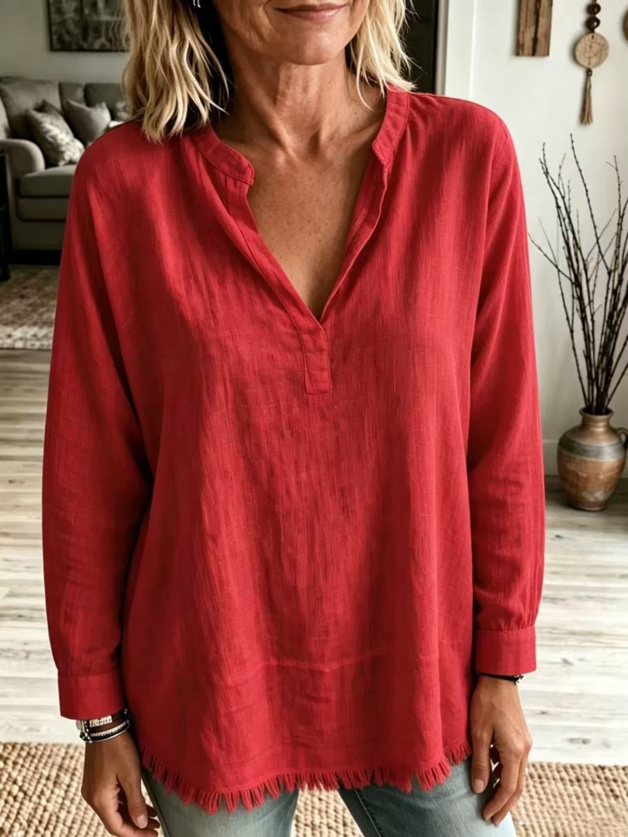 Women Solid Shirt Notch Collar V Neck Long Sleeve Tassel Fringe Hem Loose Casual Blouse Tops Spring Summer