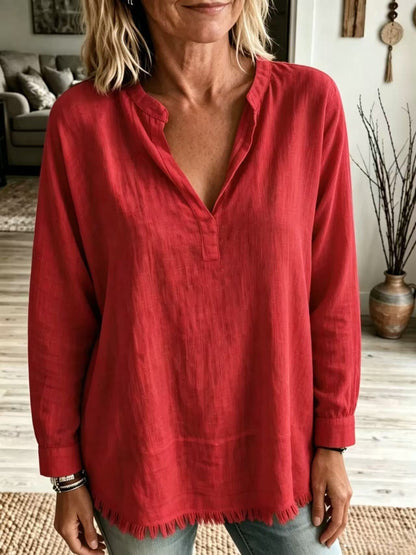 Women Solid Shirt Notch Collar V Neck Long Sleeve Tassel Fringe Hem Loose Casual Blouse Tops Spring Summer