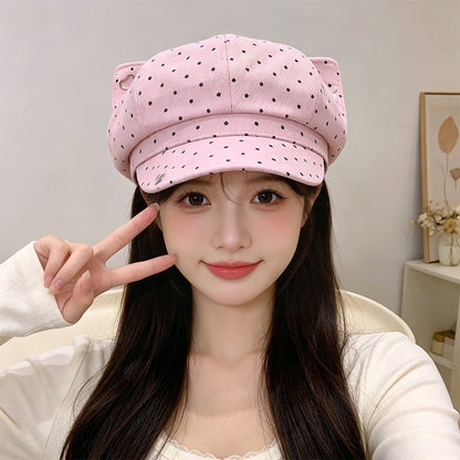 Korean-style Cute And Sweet Polka Dot Newsboy Hat Suitable For Spring And Autumn, Versatile For Casual Wear, Painter's Hat