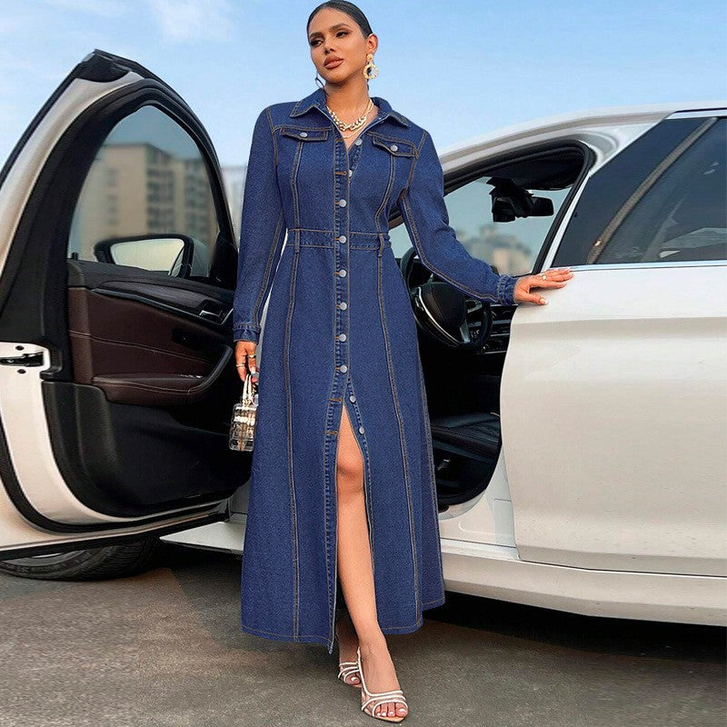 European And American Style New Plus-Size Women's Clothing With Button-Down Design, Long-Sleeved Long Coat-Style Dress, Denim Long Trench Coat