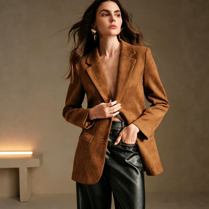 Double-breasted Suede Velvet Blazer With Flap Pockets And Long Sleeves