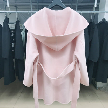 Womens Hooded Loose-fit Double-faced Cashmere Coat