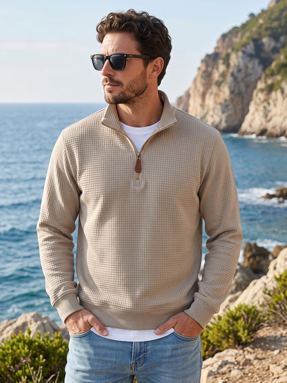 American-style Waffle Knit Half-Zip Stand Collar Men's Sweater, TK Foreign Trade Long Sleeve Pullover Casual Sweatshirt
