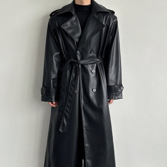 Men's Double-Breasted Leather Long Trench Coat