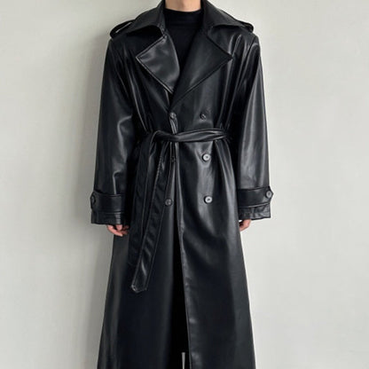 Men's Double-Breasted Leather Long Trench Coat