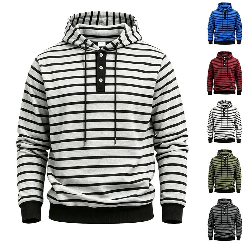 Mens Loose-Fit Striped Hoodie With Three Buttons