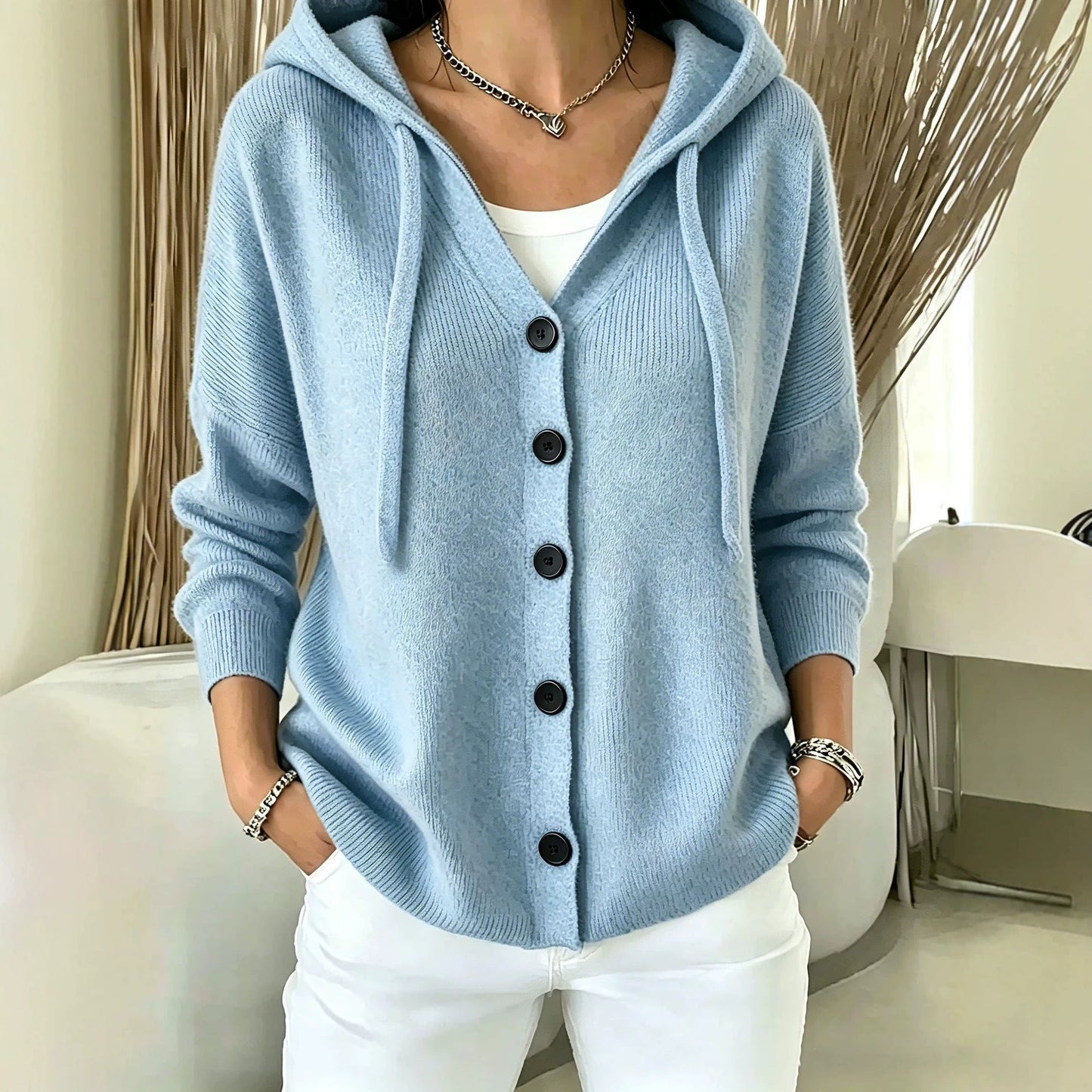 Womens European And American-style Autumnwinter New Hooded Knit Cardigan
