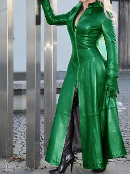 Women's Fashion Long Leather Coat With Stand Collar