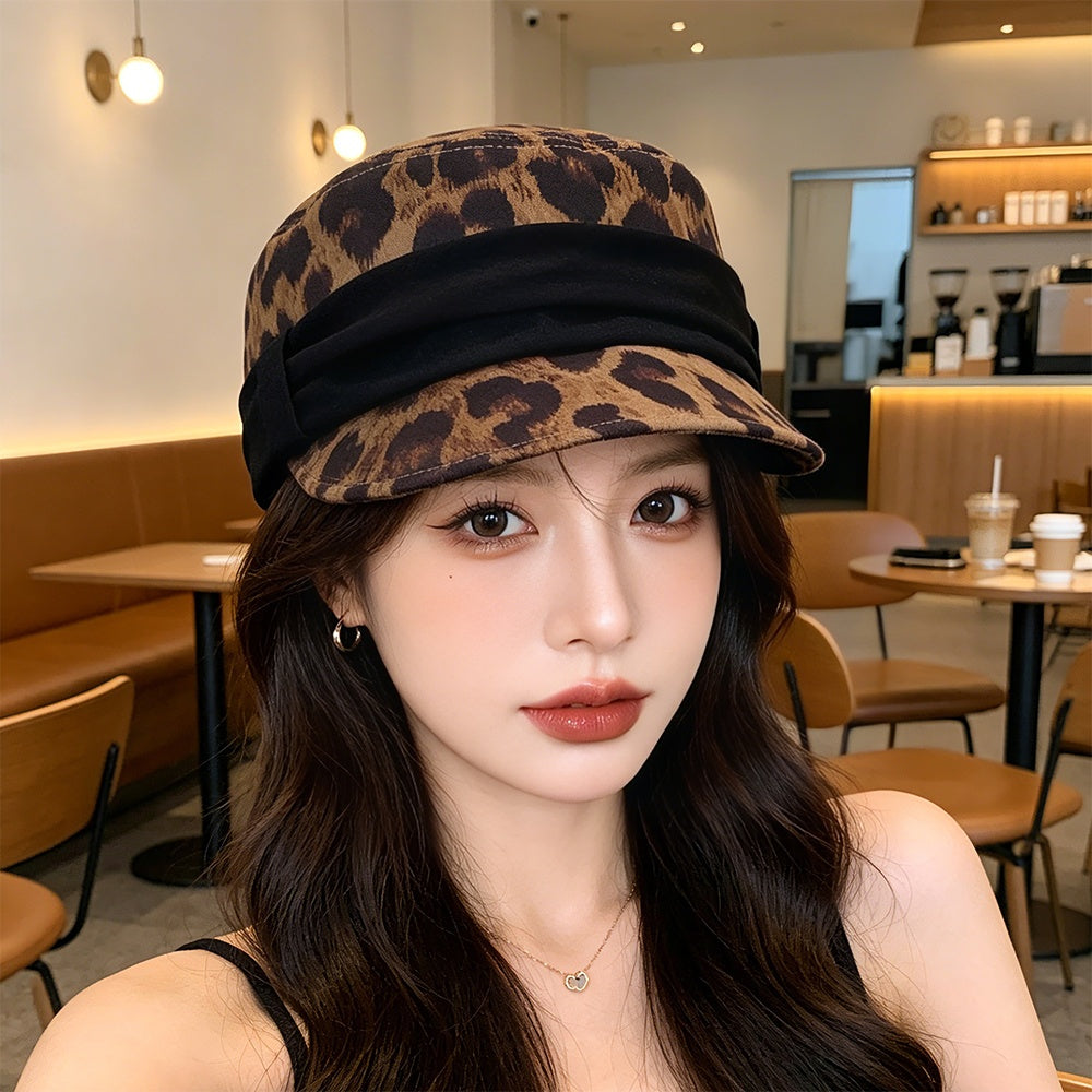 Retro Leopard Print Pleated Bow Hat For Spring And Autumn, Suitable For Both Horseback Riding And Casual Wear. Trendy For Girls With A Baseball Cap Style