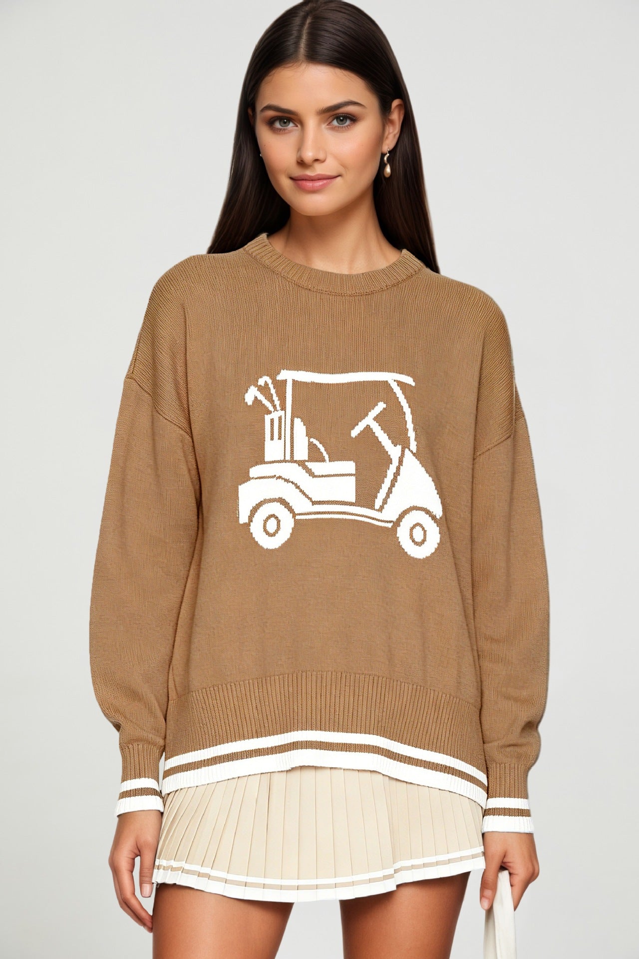 Round-neck Loose-fit Long-sleeve Jacquard-knit Pullover Sweater Top