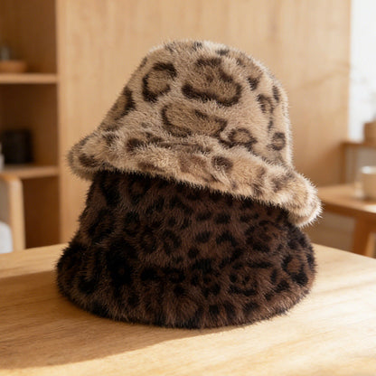 Winter And Autumn Melamine Color Leopard Print Plush Round-brimmed Fishing Hat, Soft And Fluffy Wide Brimmed, Warm And Protective Against The Cold