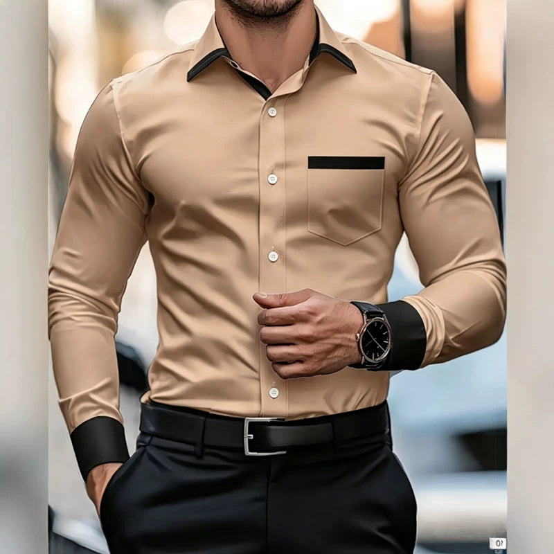 Mens Business-Casual Wrinkle-Free Contrast-Color Shirt