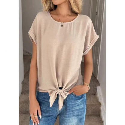 Short-sleeve Fashionable Casual Round-neck Top With A Bow Tie Strap