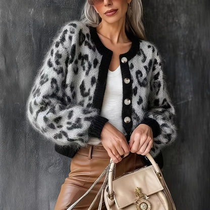 Casual Stylish Retro Leopard-print Contrast-color Jacquard Sweater