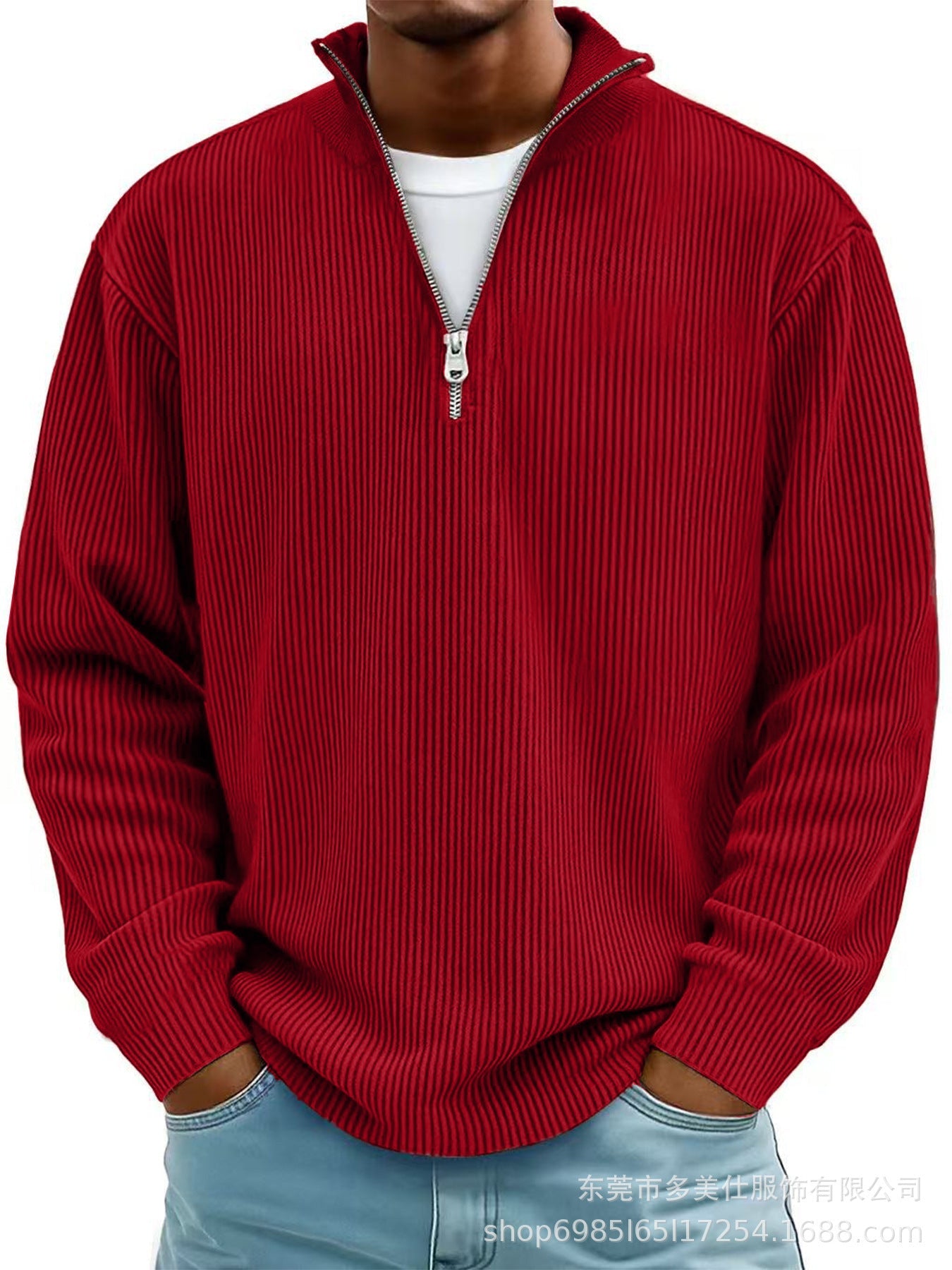 Autumn And Winter New Men's Casual Stand-Up Collar Zipper Corduroy Long-Sleeved Men's Polo Shirt Sweatshirt