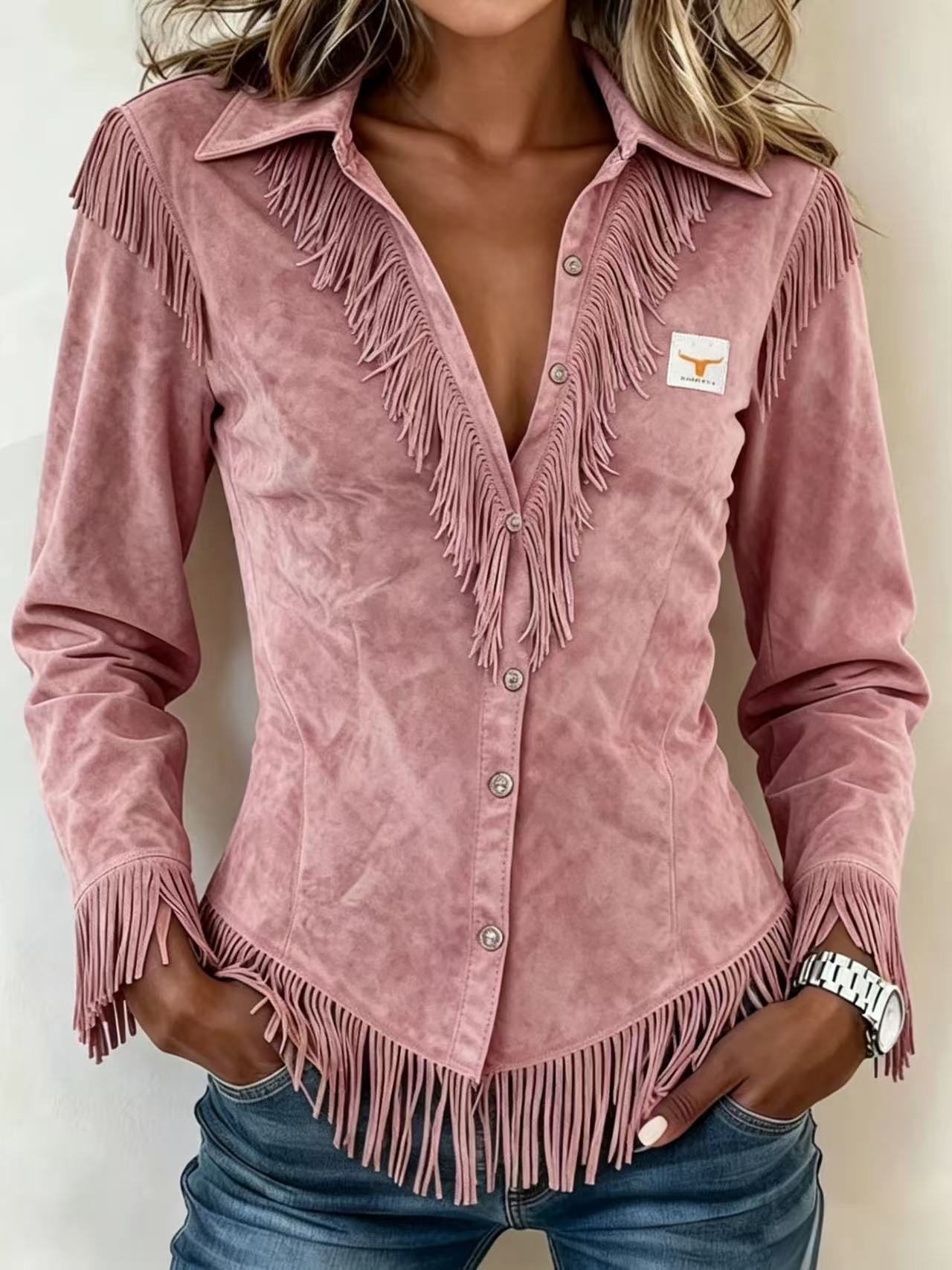 Spot Amazon Foreign Trade Cross-Border 2025 Western Cowboy Style Suede Tassel Slim Long-Sleeved Shirt