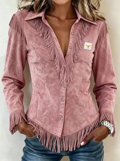 Spot Amazon Foreign Trade Cross-Border 2025 Western Cowboy Style Suede Tassel Slim Long-Sleeved Shirt