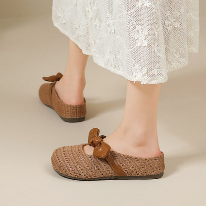 French Woven Hollow Toe Slippers For Women, Versatile Flat Soft Sole, Half Drag Fishing Net Shoes
