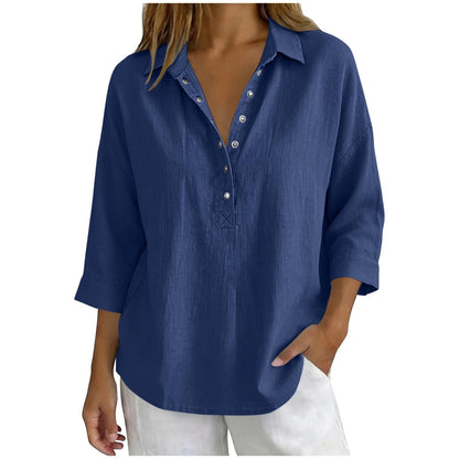 Womens Solid-Color Casual Three-Quarter-Sleeve Shirt
