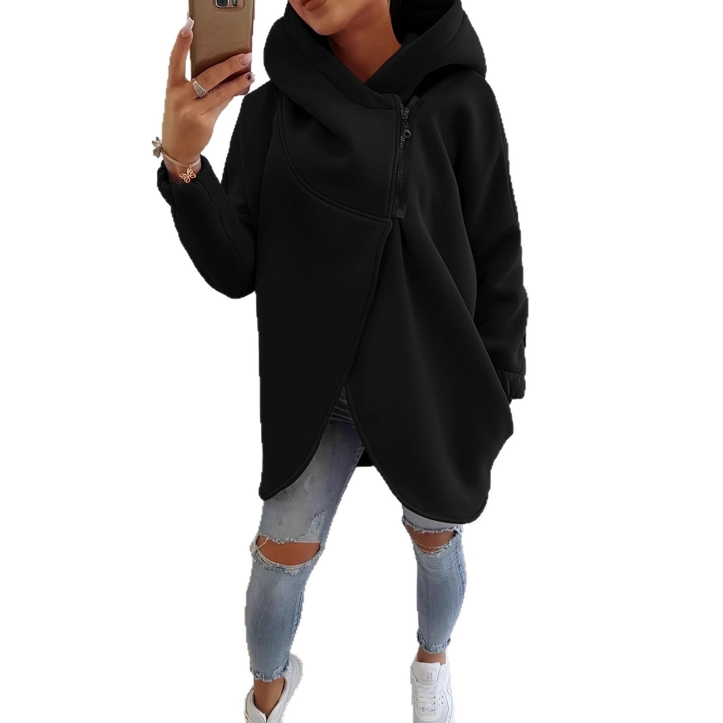 2025 European And American Cross-Border Women's Long-Sleeved Casual Black Hooded Jacket Sweatshirt With Front Pocket Zipper Hoodie