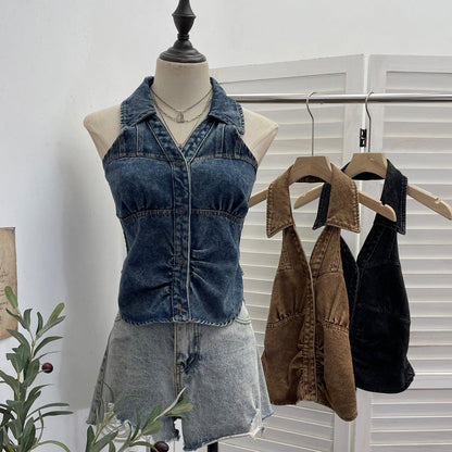 Neck-hanging V-neck Denim Vest Sleeveless Top For Women