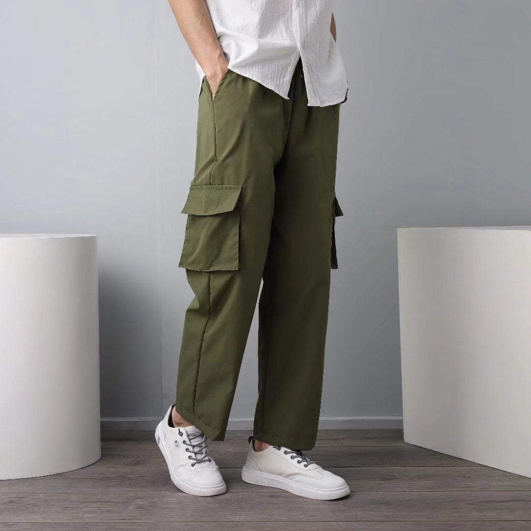 Coil Pants Cropped Pants Straight Trendy Fashion Casual Spring And Autumn Solid Color Casual Pants Men's Pocket Decorative Youth Popular