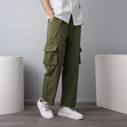 Coil Pants Cropped Pants Straight Trendy Fashion Casual Spring And Autumn Solid Color Casual Pants Men's Pocket Decorative Youth Popular