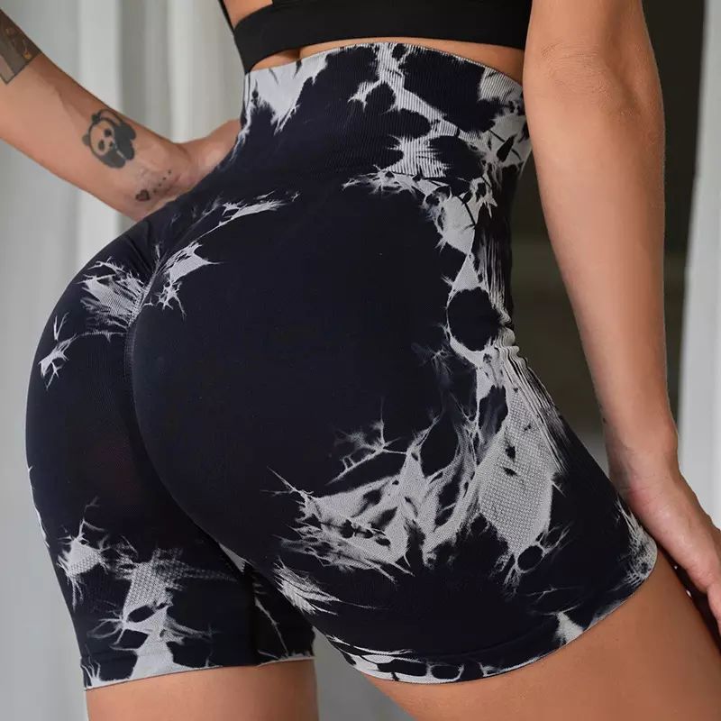 Summer European And American Tie-dyed Three-point Fitness Pants Women's High Waist Hip Lifting Tight Sports Running Peach Belly Contracting Yoga Shorts