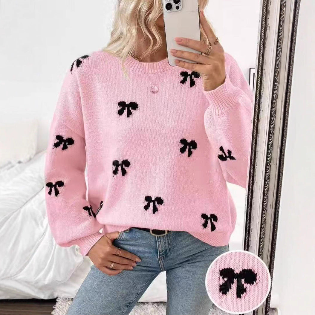 European And American Foreign Trade Amazon Bow Jacquard Sweater Clothes Autumn Women's Simple Design Women's Sweater