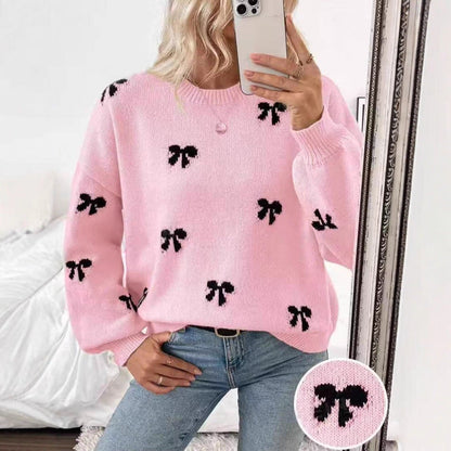 European And American Foreign Trade Amazon Bow Jacquard Sweater Clothes Autumn Women's Simple Design Women's Sweater