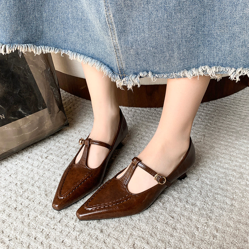 Women Vintage French Crinkled Leather Kitten Heel Pumps,  Daily Commuting Dress Shoes
