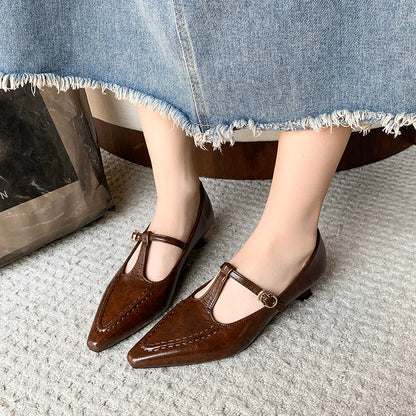 Women Vintage French Crinkled Leather Kitten Heel Pumps,  Daily Commuting Dress Shoes