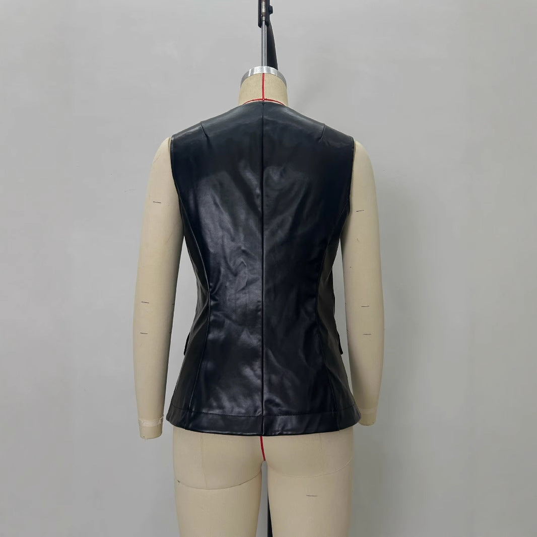 Black Single-Breasted Leather-Look Womens PU Leather Vest
