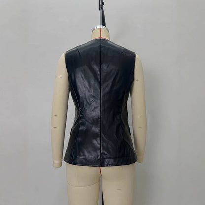 Black Single-Breasted Leather-Look Womens PU Leather Vest