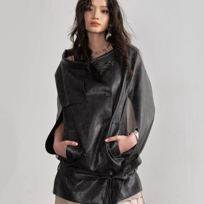 Ebony Brown PU Leather Cloak-Style Cape Jacket