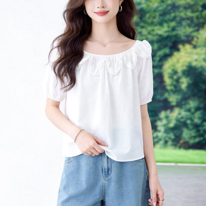 Ruffle-trimmed Off-shoulder Short-sleeve Blouse For Women