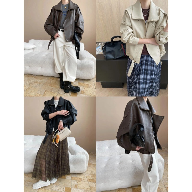 American-style Vintage Matte PU Leather Lapel Loose Biker Leather Jacket