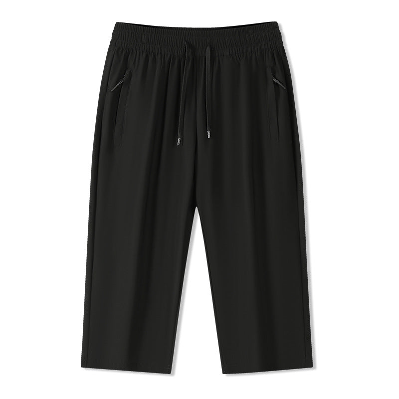 Solid Ice Silk Seven Length Casual Pants For Men Summer Cool Breathable Trousers 3 Zippered Pockets
