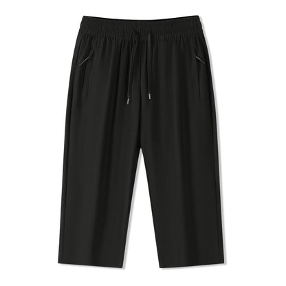 Solid Ice Silk Seven Length Casual Pants For Men Summer Cool Breathable Trousers 3 Zippered Pockets