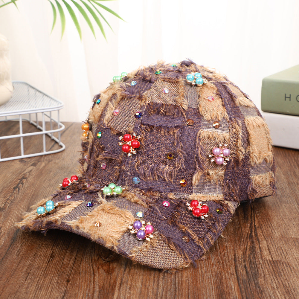 Korean-style Multi-color Fringed Checkered Baseball Cap With Rhinestones And Pearl Flowers, Casual Curved Brim Fedora Hat