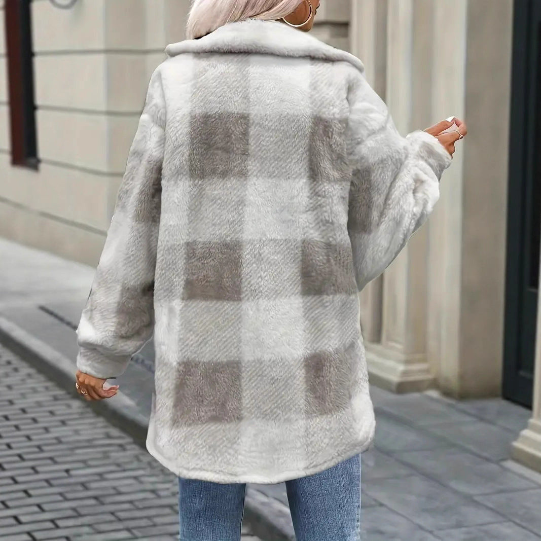 Womens Fallwinter Lambswool Lapel Loose-fit Casual Plaid Plush Long-sleeve Coat