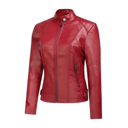 Womens Fashionable Short Washed-leather Zip-up Jacket